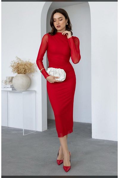 modaserdem Women's Long Sleeve Tulle Draped Midi Dress