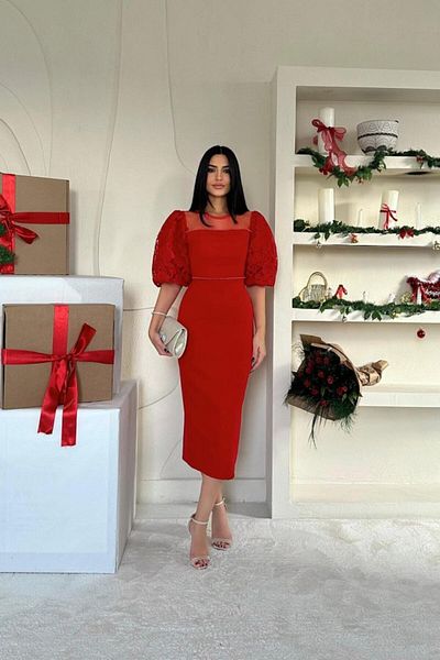 modaserdem Rochie de seară pentru femei, cu perle, detaliu din tul, nuntă-bal-de absolvire-roșu