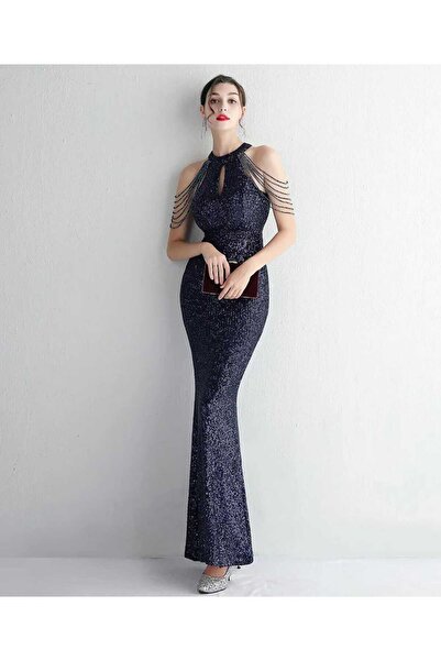 Genel Markalar HALTER YAKA BONCUKLU PUL PAYET UZUN ABİYE ELBİSE