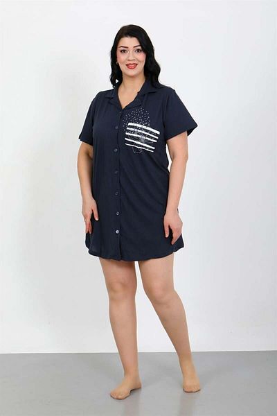 modaserdem Large Size Combed Cotton Buttoned Navy Blue Tunic Nightgown 1025