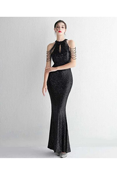 Genel Markalar HALTER YAKA BONCUKLU PUL PAYET UZUN ABİYE ELBİSE