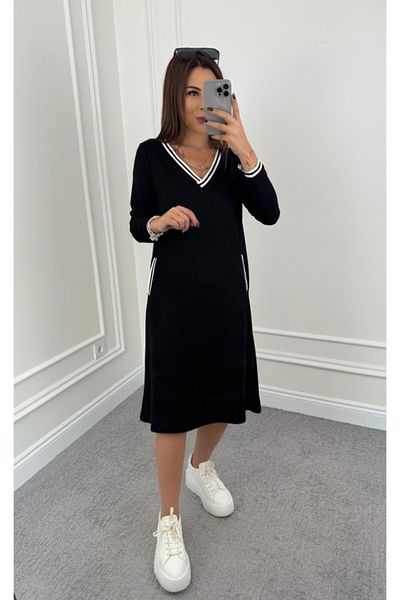 modaserdem Rochie de damă, cu mânecă lungă, cu decolteu în V, cu dungi, cu buzunar, din viscoză midi, cu două fire