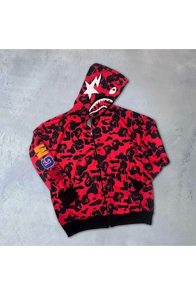 modaserdem Unisex 2 Thread Bape Hood Zippered Cardigan - Red