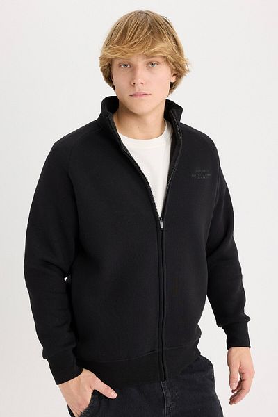 DeFacto Boxy Fit Stand Collar Printed Soft Furry Cardigan Inside E1367Ax25Sp