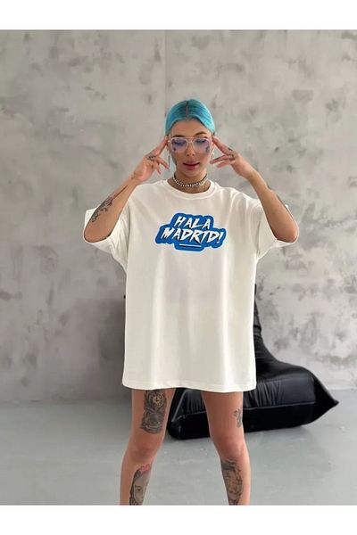 modaserdem Λευκό μπλουζάκι Unisex Oversize με στάμπα με λαιμόκοψη