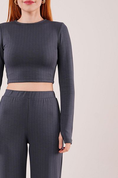 modaserdem Ribbed Blouse and Trousers Anthracite Double Set