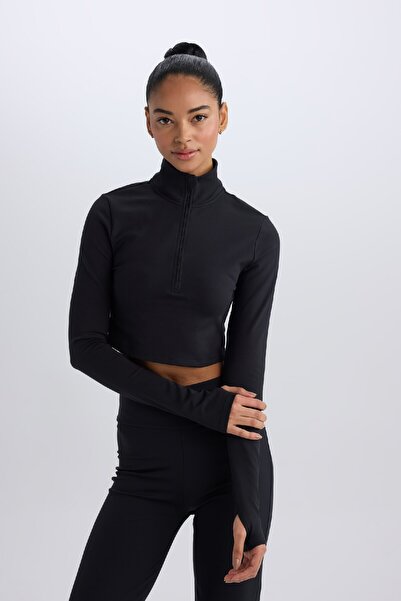 DeFacto Fit Slim Fit Dar Kesim Fermuarlı Dik Yaka Sporcu Uzun Kollu Tişört W0343az25sp