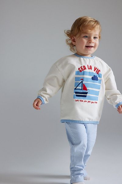 DeFacto 2-Piece Set for Baby Boy - Crew Neck Printed Sweatshirt and Stripe Bottom D9088A525Sp