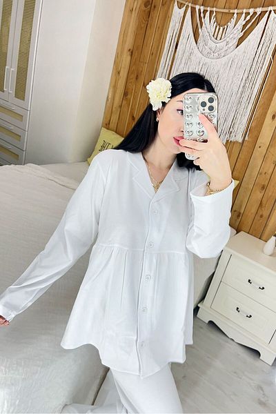ByGamzeArman White Color Long Arm Combed Cotton Fabric Maternity Puerperium Pajamas Set