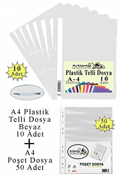 Artlantis Telli Dosya Plastik A4 10 lu ve Poşet Dosya 50 li 1 Paket Ekonomik Kaliteli Şeffaf Kapak Telli Dosya