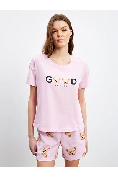 LC Waikiki Σετ γυναικεία σορτς πιτζάμες LCW Young Pink Bear Teddy με στάμπα