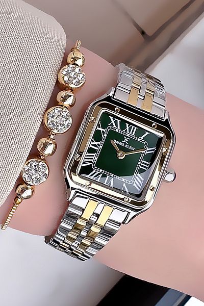 Daniel Klein Women's Wristwatch - Square Case, Waterproof Gold Silver Green Dress Gift Bracelet Dkby2035C3