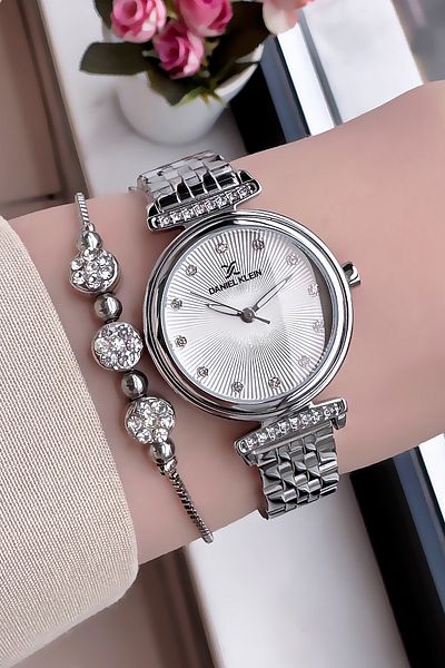 Daniel Klein Rhinestone Case Waterproof Women Wristwatch Silver Color Steel Band Gift Bracelet Dkby2036C4