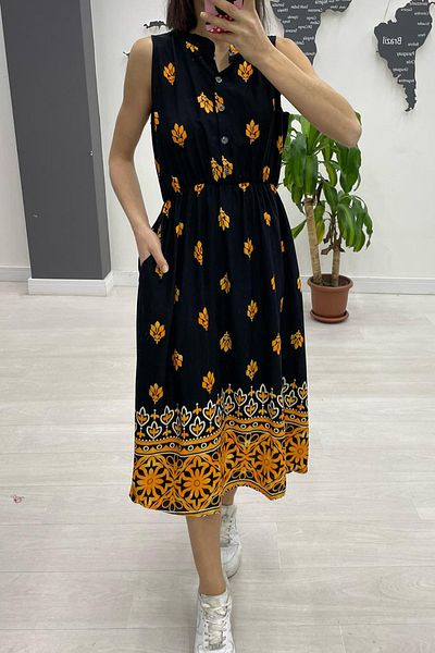 AYASOFYA OTANTIK Rochie midi fără mâneci, cu buzunare, cu guler de judecător, cu nasturi, negru portocaliu