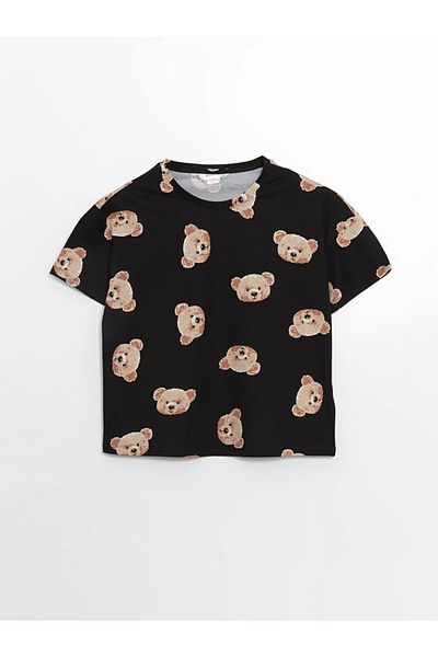 LC Waikiki Set de pijamale LCW Young Black Crew Gât cu imprimeu urs pentru femei cu pantaloni scurți