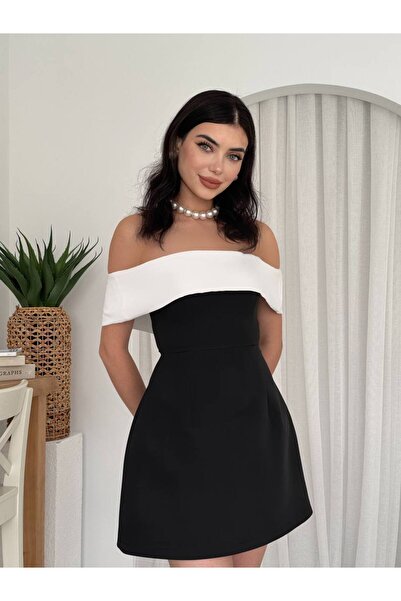 ETİKAFASHION STRAPLEZ A KESİM SİYAH BEYAZ MİNİ ELBİSE