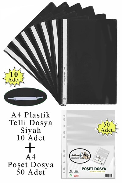 Artlantis Telli Dosya Plastik A4 10 lu ve Poşet Dosya 50 li 1 Paket Ekonomik Kaliteli Şeffaf Kapak Telli Dosya