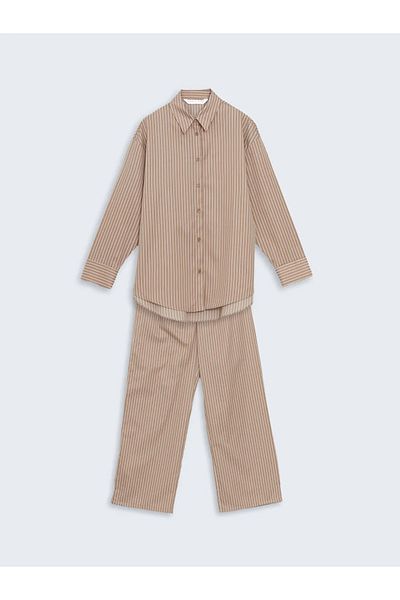 LC Waikiki Lcw Dream Brown Shirt Collar Striped Women's Pajama Set