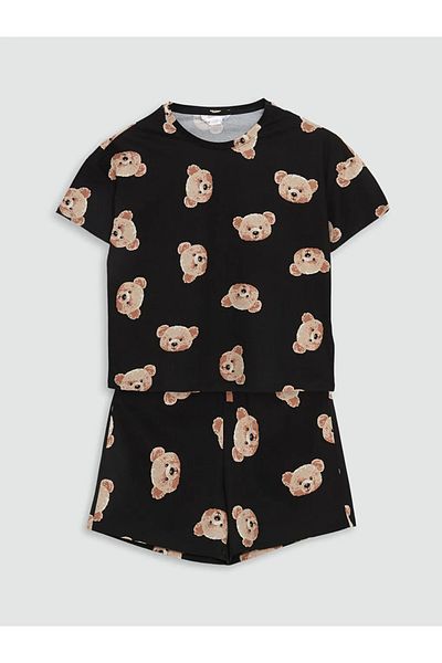 LC Waikiki Set de pijamale LCW Young Black Crew Gât cu imprimeu urs pentru femei cu pantaloni scurți