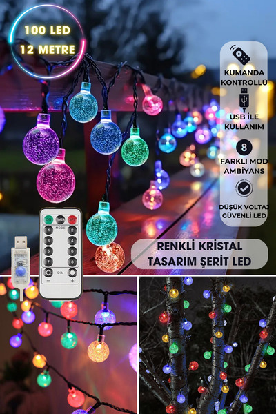 Technojet 100 Ledli Usbli Kumandalı 8 Modlu Kristal Toplu Led Işık Parti Süsleme Organizasyon RGB Renkli ışık