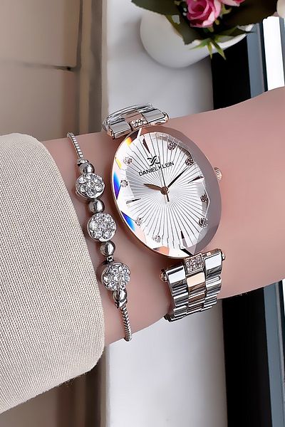 Daniel Klein Women's Rose Silver Color Wristwatch with Waterproof Oval Case and Gift Bracelet
