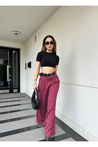 DENİKK TREND ÇİZGİLİ POLİVİSKON KUMAŞ KEMERLİ SALAŞ PALAZZO PANTOLON- STRIPE POLYVISCOSE PALAZZO PANTALONI