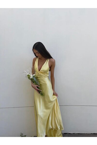 theanemos Saten Kruvaze Yaka Sarı Elbise