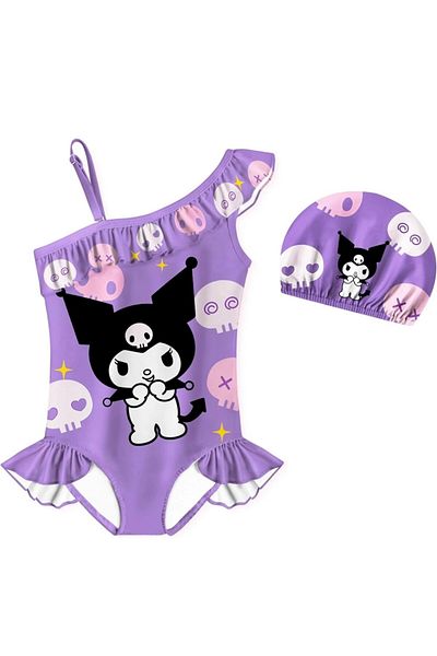 Petityu Kuromi One Shoulder Ruffle Detailed Boned Purple Girl's Swimsuit