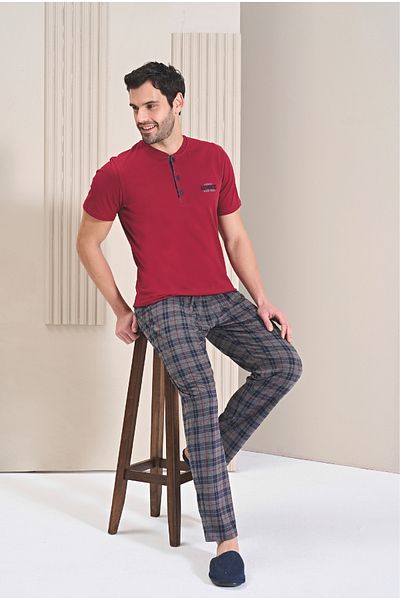 Over Sleep by Poleren Burgundy Color Crew Neck Three Button Short Sleeve Men's Pajama Set