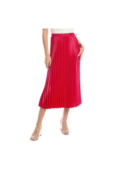 sunfyre Women's Red Elastic Waist Straight Pleated Midi Length Skirt