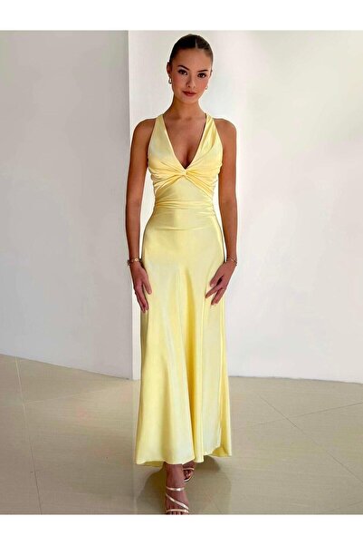 theanemos Saten Kruvaze Yaka Sarı Elbise