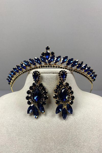 Hayalperest boncuk Navy Blue Gold Ece Bridal Henna Crown and Drop Stone Earring Set