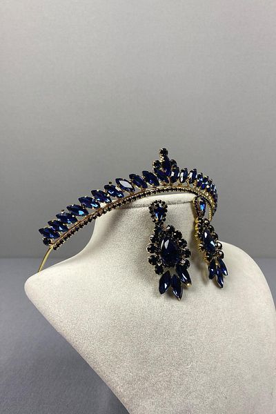 Hayalperest boncuk Navy Blue Gold Ece Bridal Henna Crown and Drop Stone Earring Set