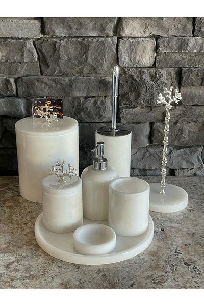Polen Stone White Marble 8-Piece Bathroom Set with Silver Coral Accessories
