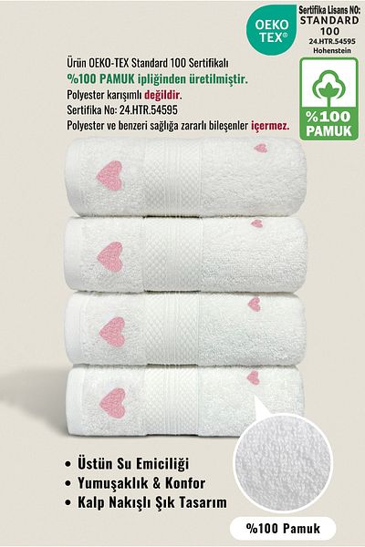 Ellaline Set de prosoape LUV 4 - 100% bumbac, certificat, prosop de bucătărie pentru față cu broderie inimă, 50x80cm