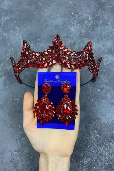 Limelia Venetian Stone Detailed Bridal Henna Crown with Drop Earrings Set Red
