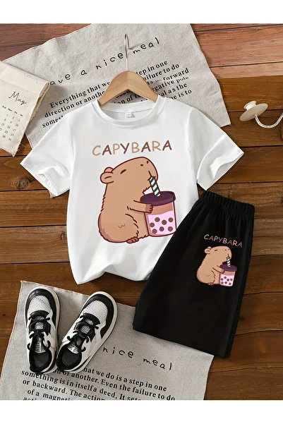 PENTHİLUS Capybara Cartoon Printed Short Sleeve Summer T-Shirt and Shorts Set