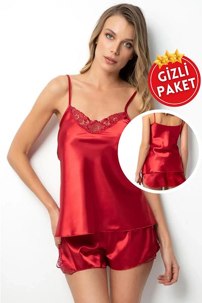 femmefinesse Flame Red Women's Laced Satin Shorts Suit