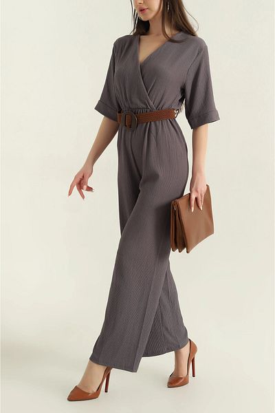 vuvutasarım New Season Anthracite Belted Elastic Waist Wrapped Women's Jumpsuit