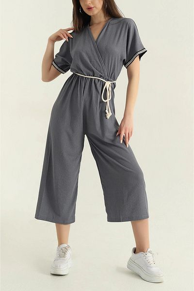 vuvutasarım New Season Anthracite Belted Elastic Waist Wrapped Women's Jumpsuit