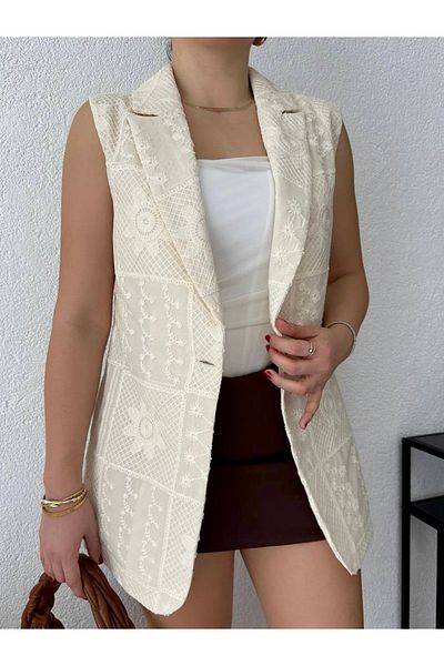 HandCo White Linen Embroidered Sleeveless Lined Blazer Jacket