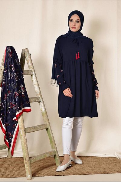 Alvina Μπλε ναυτικό κεντημένο μανίκι Loose Tunic 4274