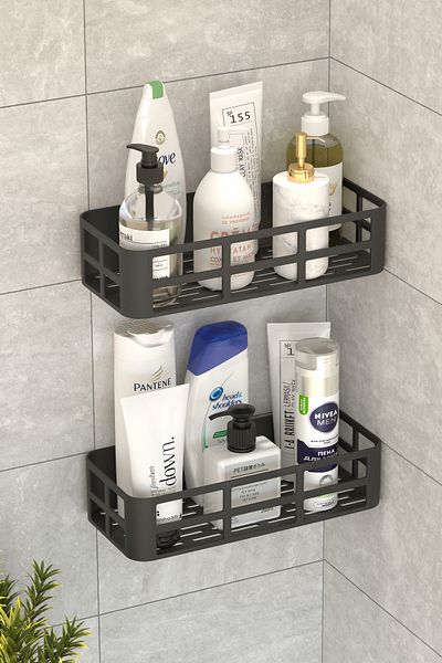 DEYHOME Set de 2 Raft de duș pentru baie Suport pentru șampon Suport pentru săpun Adeziv negru Organizator de duș Plastic rezistent la apă