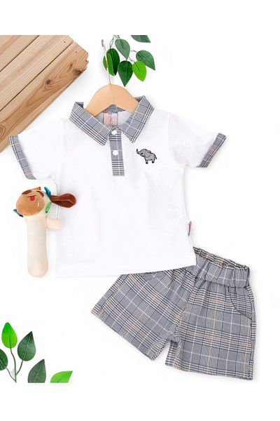 VOY KİDS Baby Boy Polo Collar Elephant Embroidered Plaid Shorts Summer 6-9-12-18-24 Months Baby Set