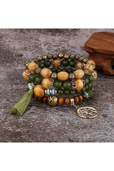 Choice 8 4Pcs/Set Boho Wooden Beaded Bracelet Set For Women Tree Of Life White Tassels Charm Elastic Chain.
