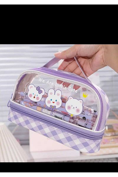 EMKSHOP Cute Cartoon Multi-Section Transparent Pencil Case Useful Large Capacity Pencil Holder