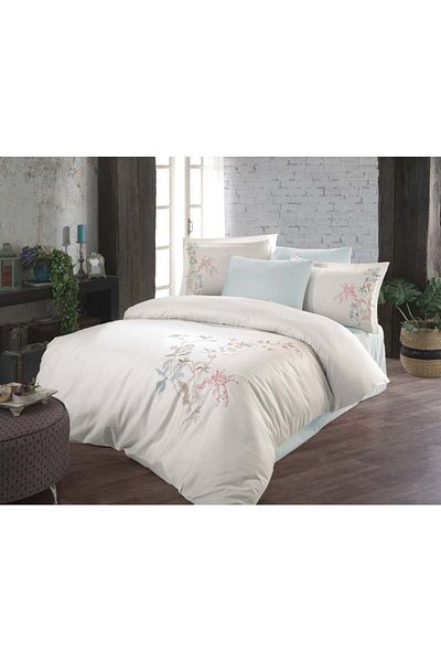 Okya Home Dreamoria Ivory & Blue Cotton Satin Bed Linen Set 6 Pcs 200x220 Cm & Gift Turkish Coffee Set