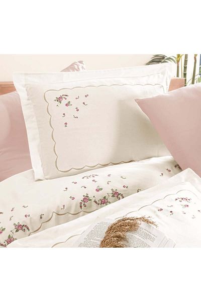 Okya Home Velmora Cream 100% Cotton Satin Bed Linen Set 6 Pcs 200x220 Cm & Gift Turkish Coffee Set