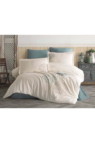Okya Home Eterna Cream & Aqua 100% Cotton Satin Bed Linen Set 6 Pcs 200x220 Cm & Gift Turkish Coffee Set