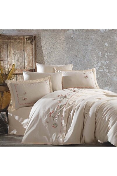 Okya Home طقم أغطية سرير من فيلونا شامبانيا مصنوع من القطن بنسبة 100%، مكون من 6 قطع، مقاس 200×220 سم، مع طقم قهوة تركي هدية